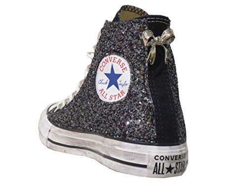 Scarpe Tela Nere Glitter Strass Canna Borchiate