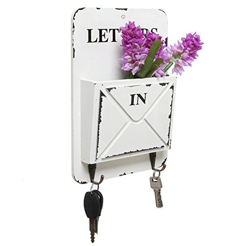 Mygift Country Rustic White Wood Wall Mounted Mail And Key Holder Organizer With 2 Hooks, Hanging Entryway Inbound Letter Sorter Bin #TOP2