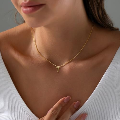 Gold Cross Necklace for Women, Trendy 14K Gold Plated Charm Box Chain Choker Dainty, Christian Religious Faith Small Cross Pendant Necklace Non Tarnish3