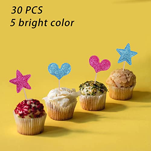 Ziqon 30 Pcs Glitter Heart Cupcake Toppers Colorful Cake Decoration Heart And Star Cake Toppers Cute Party Decoration For Birthday And Baby Shower (Glitter) #TOP1