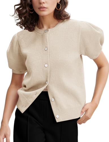 Image of Yimoon Women's Lightweight Puff Short Sleeve Cardigan Sweater | Summer, Y2K, Cropped Knit, Button Up, Blouse Tops