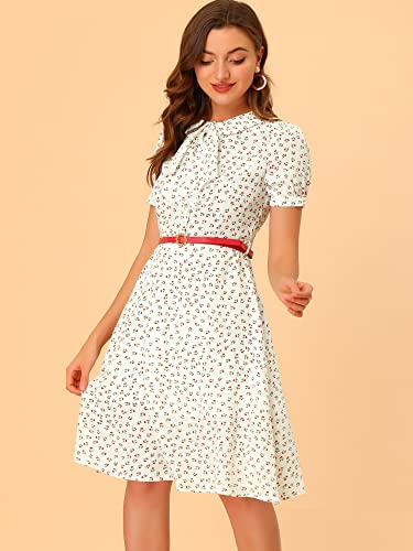 Image of Allegra K Women's Peter Pan Collar Tie Neck Short Sleeves A-Line Elegant Belted Vintage Floral Dress