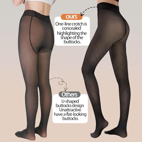 Image of X-CHENG 2 Pairs Women Fleece Lined Tights-Fishnets Patterned High Waist Thermal Pantyhose Fake Translucent Sheer Thick Warm Tights For Women