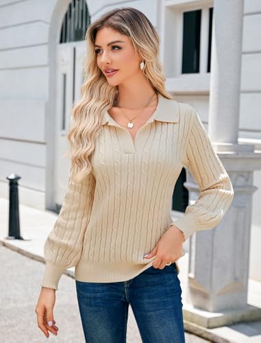 JUSTFASHIONNOW Womens Sweaters Polo V Neck Cable Knit Sweater Dressy Casual Pullover Jumper Tops Fall Winter Trendy4