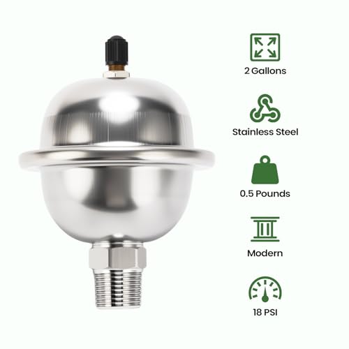 Watflow 2-Gallon Mini Thermal Expansion Tank with 1/2\" MIP Threaded Connection – Stainless Steel Hammer Arrestor for Tankless/Point-of-Use Water Heaters, 150 psi, 210°F
