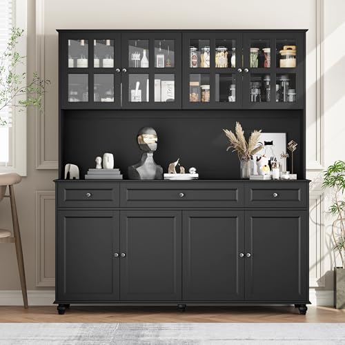 Loomie 71\" Tall Kitchen Pantry Storage Cabinet, 63\" Wide Kitchen Hutch Cabinet with Large Countertop, Tall Pantry with Drawers, Display Cabinets with Glass Door for Living Room(Black) (Black) - Thumbnail 7