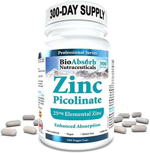 Zinc Picolinate Supplement, 25mg Elemental Zinc, 300-Day Supply, Enhanced Absorption, Vegan, Non-GMO (300 Veggie Caps)