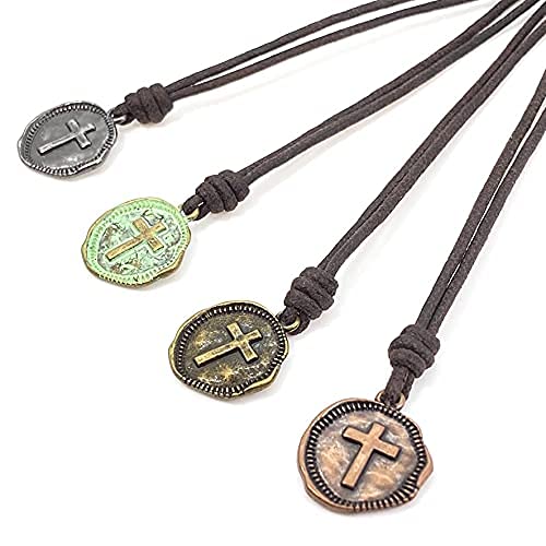 Cross Necklace Mens - Men Cross Coin, Religious Pendant, Medallion Necklaces, Christmas Gift, Catholic Pendant, Christian Charms, Women Gifts To Husband, Cute Crosses (Copper, Distressed Leather) #TOP2