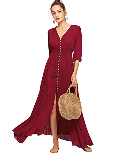 Milumia Women's Button Up Split Floral Print Flowy Party Maxi Dress X-Large Burgundy