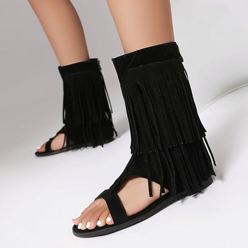 Womens Summer Tassel Mid Calf Boots Flat Roman Gladiator Sandals US3-US13.54