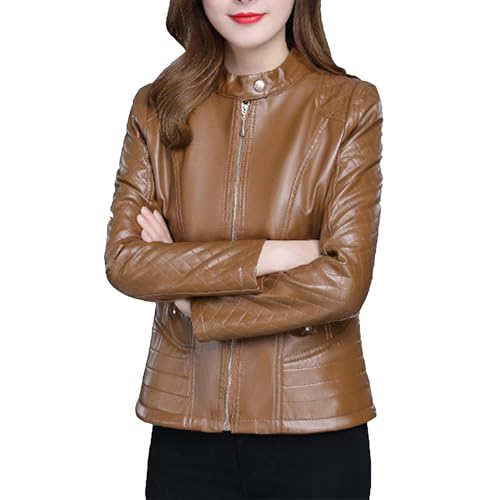 Silunma2021 Chaquetas cortas de cuero delgadas para mujer, color sólido, abrigos cómodos, elegantes para motocicleta, de manga larga (marrón, XL)