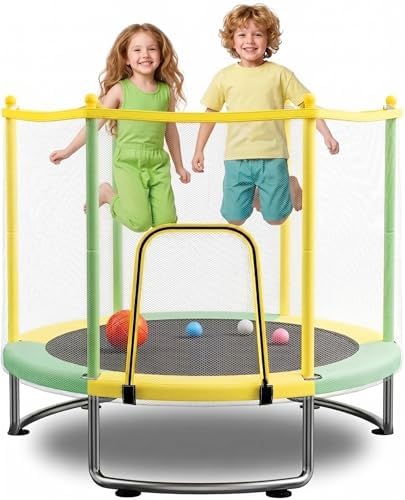 Kids Trampoline with Safety Net – 440lbs Capacity, Upgraded Rust-Proof Ring Legs, Adjustable Gymnastics Bar & Toys – Indoor Outdoor Toddler Trampoline for Boys & Girls Ages 1-8