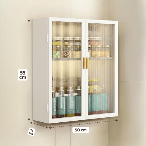 Image of MIORAH Kitchen Storage Cabinet | Modular Wall Mounted Kitchen Cabinet Organiser |2 Layer, Space Saving Carbon Steel Shelf, White, 50 cm, Pack of 1