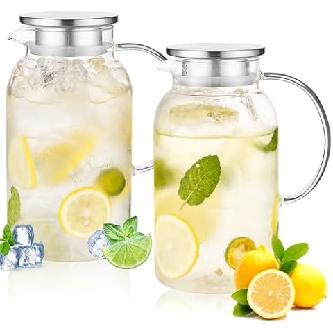 68 oz Glass Pitcher With Lid. Glass Carafe for Hot/Cold Water. 0.5 Gallon Pitcher 2 Pcs. Glass Water Jugs for Cold Brew Coffee, Iced Tea, Milk, Sun Tea Jar Cover