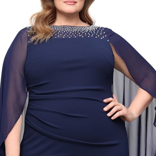 Image of Alex Evenings Women's Plus Size Long Crepe Mother of the Bride Column Dress with Embellished Illusion Neckline & Capelet Sleeves