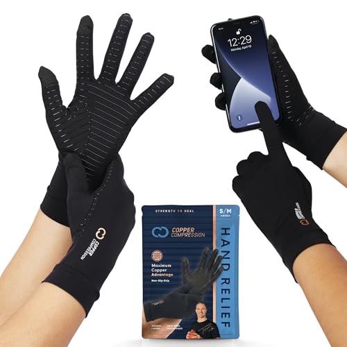 Copper Compression Full Finger Arthritis Gloves - Palm Grips - Touch Screen Fingertips - Compression...