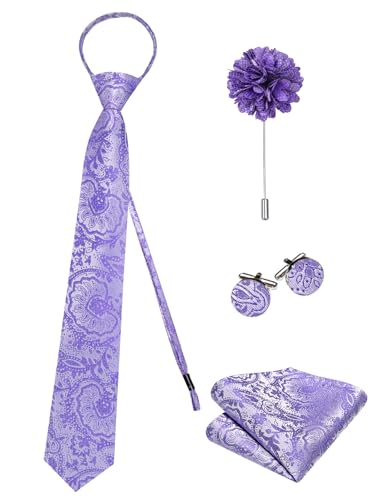 Image of Hi-Tie Zipper Ties for Men Light Purple Floral Adjustable Pre-Tied Necktie Lapel Pin Pocket Square Cufflinks Set