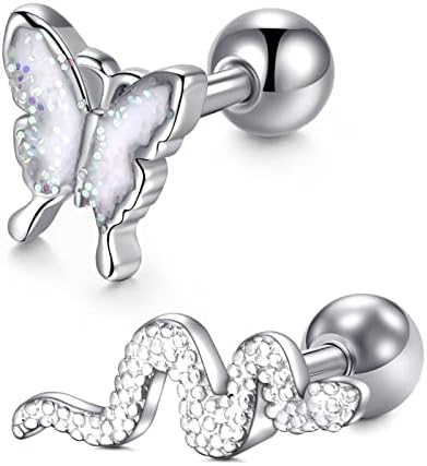 LAURITAMI 16G Helix Earring Studs Cartilage Piercing Surgical Steel 6mm CZ Diamond Snake Butterfly Tragus Conch Daith Piercing Jewellery