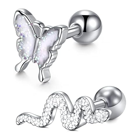 LAURITAMI 2pcs 16G Helix Earring Studs Cartilage Piercing Surgical Steel 6mm CZ Diamond Snake Butterfly Tragus Conch Daith Piercing Jewellery Cover