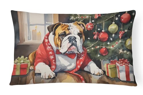 Caroline's Treasures DAC2649PW1216 English Bulldog Cozy Christmas Throw Pillow Machine Washable, Indoor Outdoor Decorative Pillow for Couch, Bed or Patio, 12HX16W