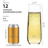 FAWLES Stemless Champagne Flutes Set of 12, Crystal Glass, 8 oz Champagne Glasses, Prosecco Mimosa Glasses Set