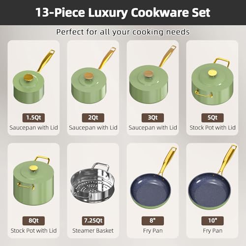 Nuwave Lux LE 13-Pc Cookware Set with Elegant Gold Handle, Diamond Infused Ceramic Non-Stick, PFAS Free, Premium Metal Lids, Ergonomic Stay-Cool Handles, Induction Ready & Compatible w/All Cooktops by Nuwave - Image 8