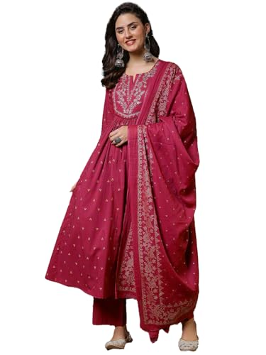 Image of PARTHVI Women's 100% Pure Cotton Anarkali Kurta Set with Pant & Dupatta | Embroidered Flared Kurta | Elegant Ethnic Suit