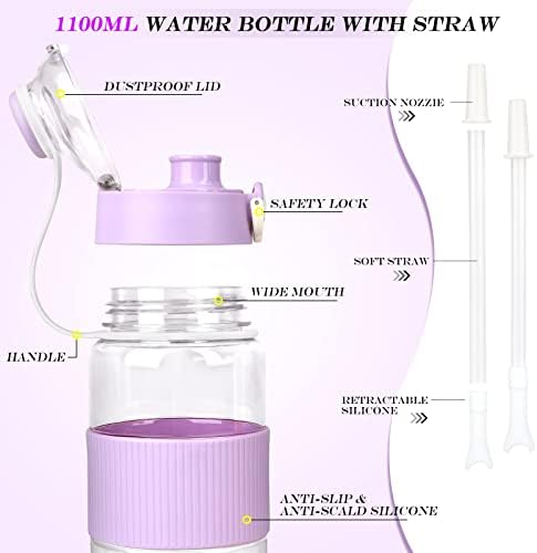 AOHAN 1 Litre Water Bottle, Leak Proof Drinks Bottle with Bottle Brush, Sports Water Bottle with Straw, Cute Clear Water Bottle for School Gym Office and Sports