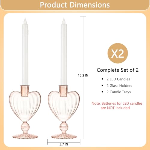 Image of Flameless Taper Candle with Vintage Glass Candle Holder, Set of 2, Wedding Dating Party Table Decor Centerpiece, Heart Shaped, Rose Gold