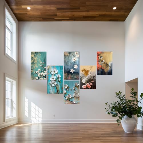 Image of SiddArtify Elegant Teal Gold & White Floral Art Print Set - 300GSM Board - 12x18 Inch - Pack of 6 Wall Room Decoration art Poster Prints
