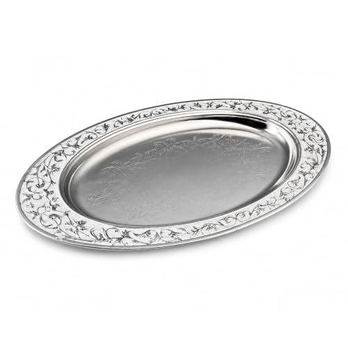 Image of Decorative Oval Metal Tray with Elegant Black Floral Engraved Border | Premium Silver Finish Display Tray for Home Decor, Coffee Table, Dining Table, Centerpiece, Console Table & Gift Item