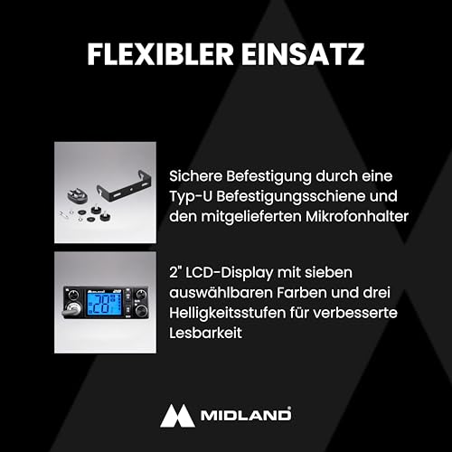 Midland 28 CB-Funkgerät mit 2 LCD-Display, VOX Freisprechfunktion, Noise-Canceling, 12/24V, Multistandard, RF-Verstärkung, für Auto und LKW, schwarz
