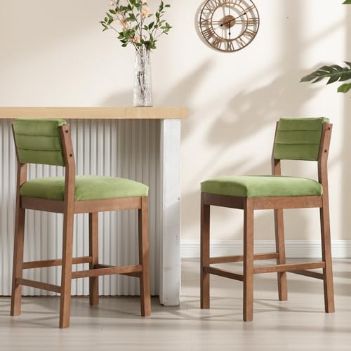 BESTANO 26” Counter Height Bar Stools Set of 2 Velvet Upholstered Kitchen Island Stools with Back Mid Century Rectangle Wood Barstools Countertop Bar Chairs, Green