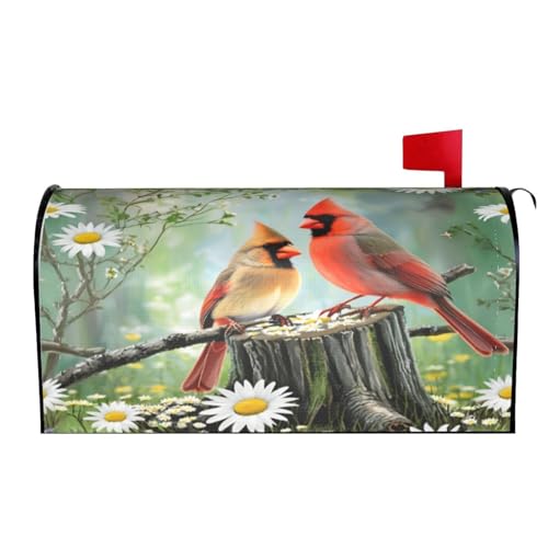 Image of Spring Flowers and Birds Mailbox Cover Magnetic Cardinals and Daisy Floral Waterproof Mailbox Wraps Post Letter Box Decor 25.5x21 in