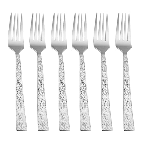 Herogo Set di 6 forchette da tavola in acciaio inox, con manico quadrato martellato, ideale per casa, hotel, ristorante, durevole e lavabile in lavastoviglie, argento metallizzato (20 cm)