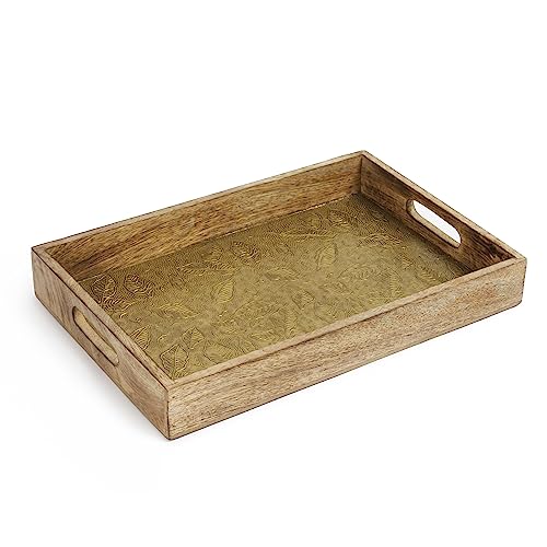 Serving Tray with Metal Inlay- Wooden Tray with Handles - for Dinner Trays, Tea Tray, Bar Tray, Breakfast Tray, or Any Food Tray - Good for Parties or Bed Tray (Floral Tray - Large)