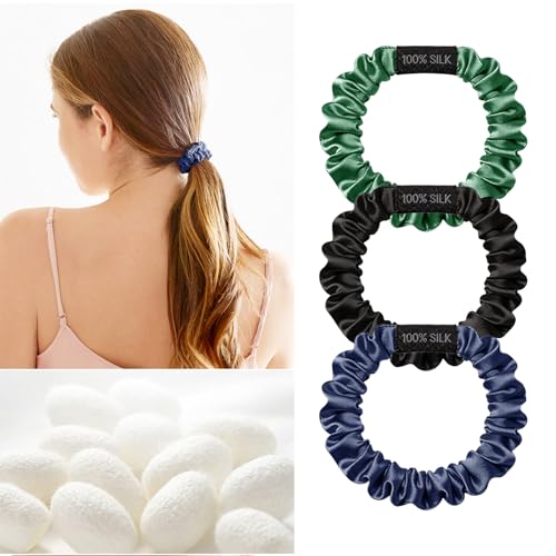 Image of THXSILK 100% Mulberry Silk Small Scrunchies 3-Pack, 25 Momme Low Profile Hair Ties for Fine Hair, Sleek No Damage Ponytail Holders for Everyday Use(Green, Black, Navy Blue)