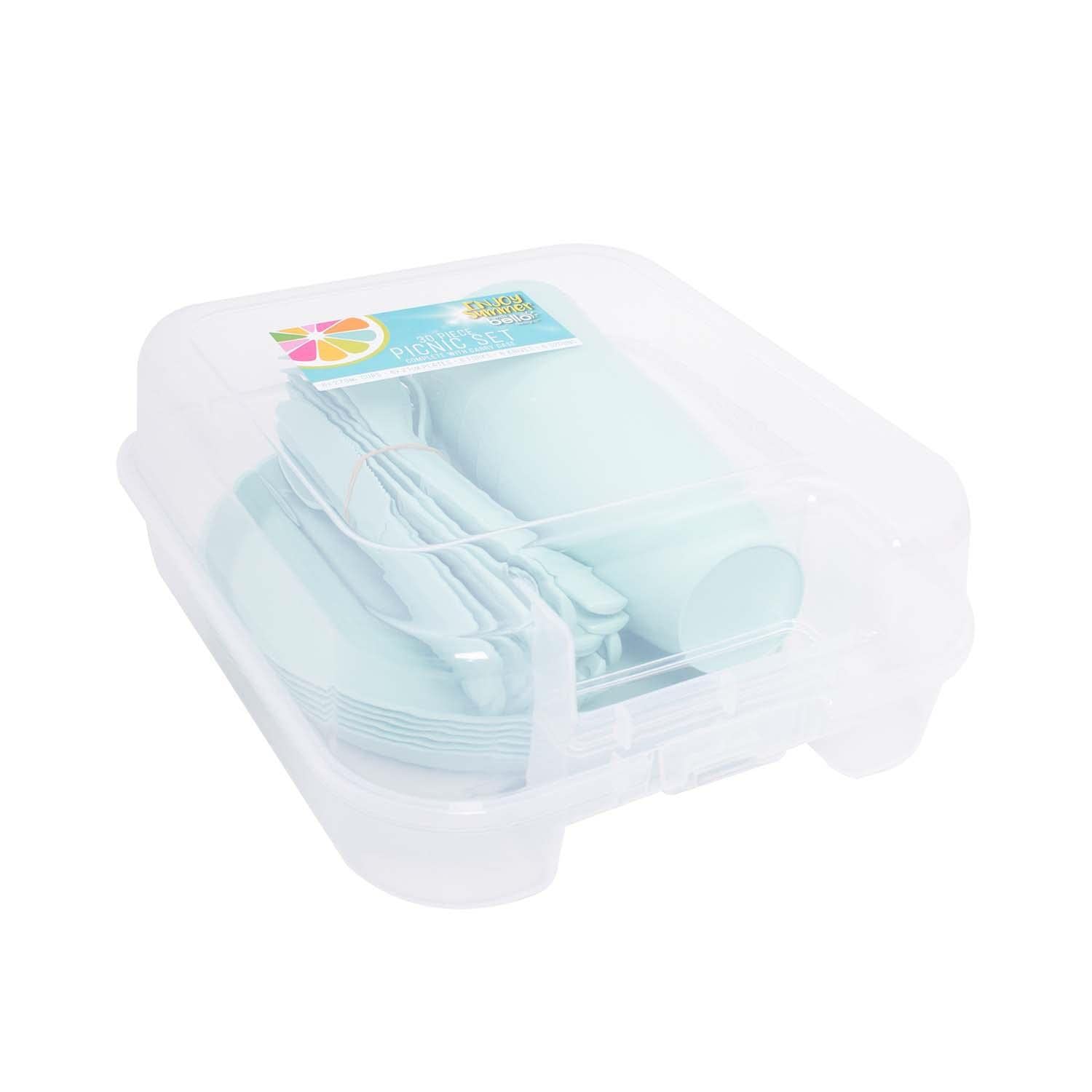 YöL Green 30pc Picnic Set Plastic Set Reusable Camping Summer Party BBQ Plate Cup Cutlery Caravan Tumblers Tableware with Carry Case Portable