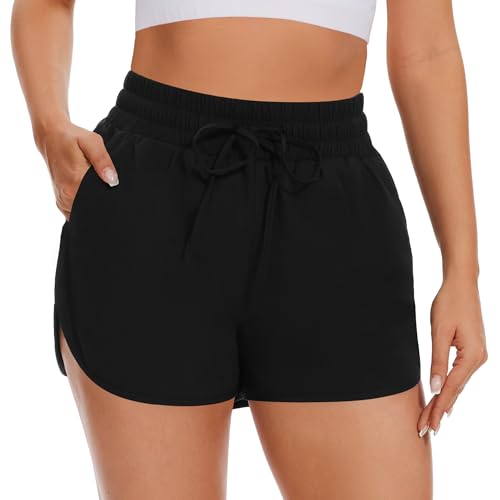 AKKQHH Running Shorts Womens High Waisted Gym Shorts with Pocket Breathable Quick Dry Sports Cycling Workout Activewear Black