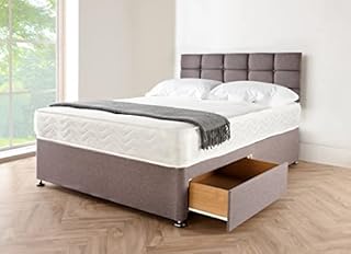 NA2 Double Grey Storage Divan Bed Set With Memory Foam Mattress and Linen look Fabric Matching Headboard |4FT6 Double (135cm X 190cm)-2 Storage Drawers