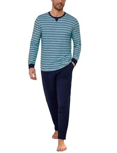 Bresdk Pijama de Hombre Invierno Algodón Manga Larga y Pantalones Ropa de Dormir a Rayas Cuello Redondo Suave y Cómodo Azul B M