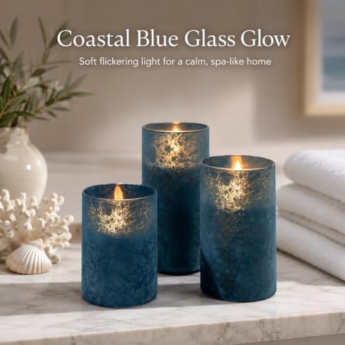 Image of Blue Battery Operated Candles Remote Timer Coastal Decor Set of 3 | Blue Sandblasted Glass, Warm White LED Glow, Real Wax, 10 Key Remote, 2 4 6 8 Hour Timer, 3 Sizes