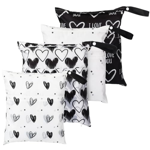 Image of Frienda 4 Pieces Wet Dry Bag for Baby Waterproof Reusable Washable Diaper Bag Sealed with Handle for Travel, Beach, Swimsuit, Diapers, Dirty Gym Clothes and Toiletries (Heart)