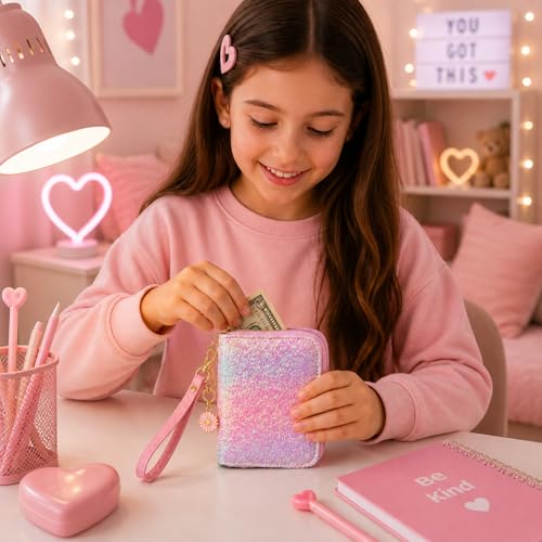 Image of AACKS Flower Wallets with Strap Little Girls Flower Coin Pouch Small Cute Wallet for Teen Girls with Coin Pocket Cherry Fruit Wallet