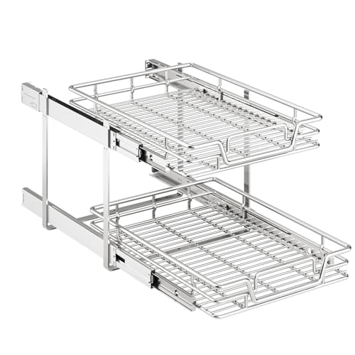 QUYUWU 2-Tier Kitchen Cabinet Pull Out Shelf and Drawer Organizer Slide Out Pantry Storaqe Basket in Multiple Sizes (19" W x 21" D)