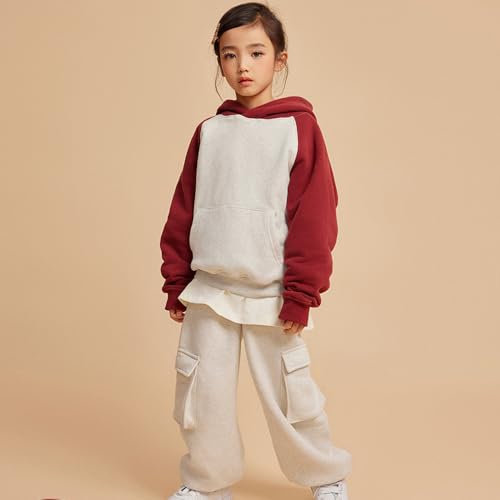 Kids Hoodies Girls Contrast Color Patchwork Hooded Sweatshirt Streetwear Vintage Pullover Boys Hoodies and Pants Set2