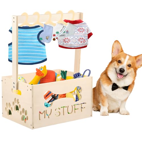 Dog Toy Basket,Wooden Dog Toy Box with Coat Hanger,Wood Toy Stora...