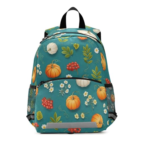 Toddler Girl Backpack with Leash, Orange White Pumpkins Travel Bookbag Mini Kids Backpacks