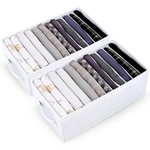 Organizador Armario Ropa 2 Piezas Plegable Cajas Organizadoras Armarios con Asas, 12 Rejillas Impermeable Separador Cajones Organizador Para Camisetas, Leggings, Pantalones Cortos, Blanco