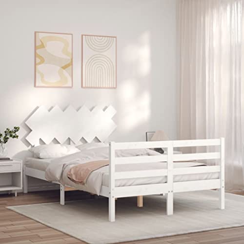 Homgoday Canapé con cabecero blanco 4FT6 Double de madera maciza, somier cama marco para salón dormitorio - imagen 3